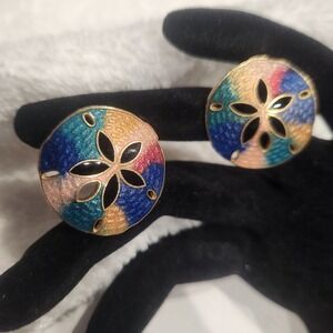 Vintage  cloisonne Sand Dollar Enamel Stud Earrings Gold Tone Nautical Beach
